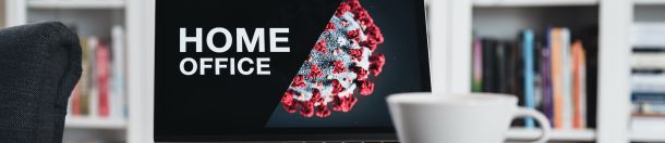 Imagem com a palavra home office e uma ilustração do coronavírus